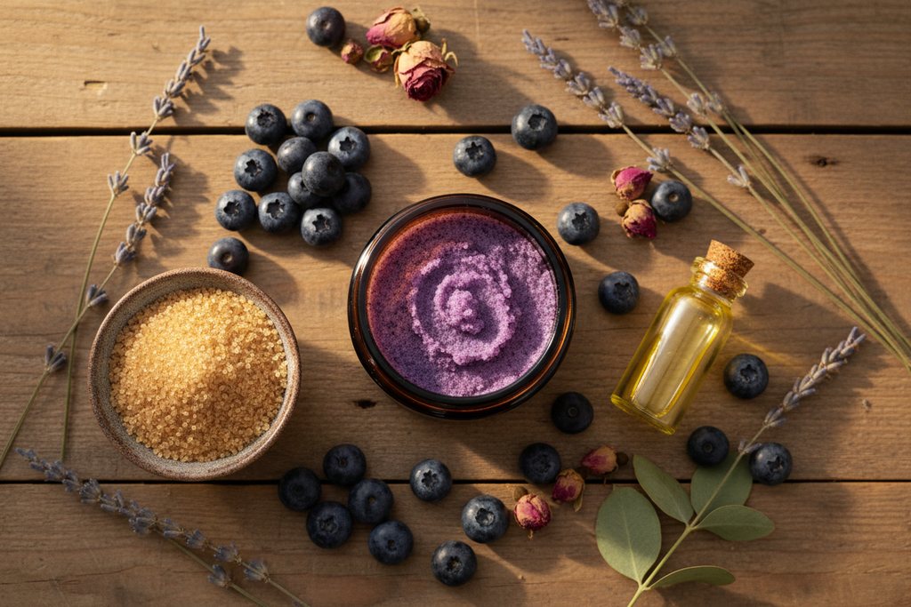 Blueberry Scrub — Wood Flat Lay