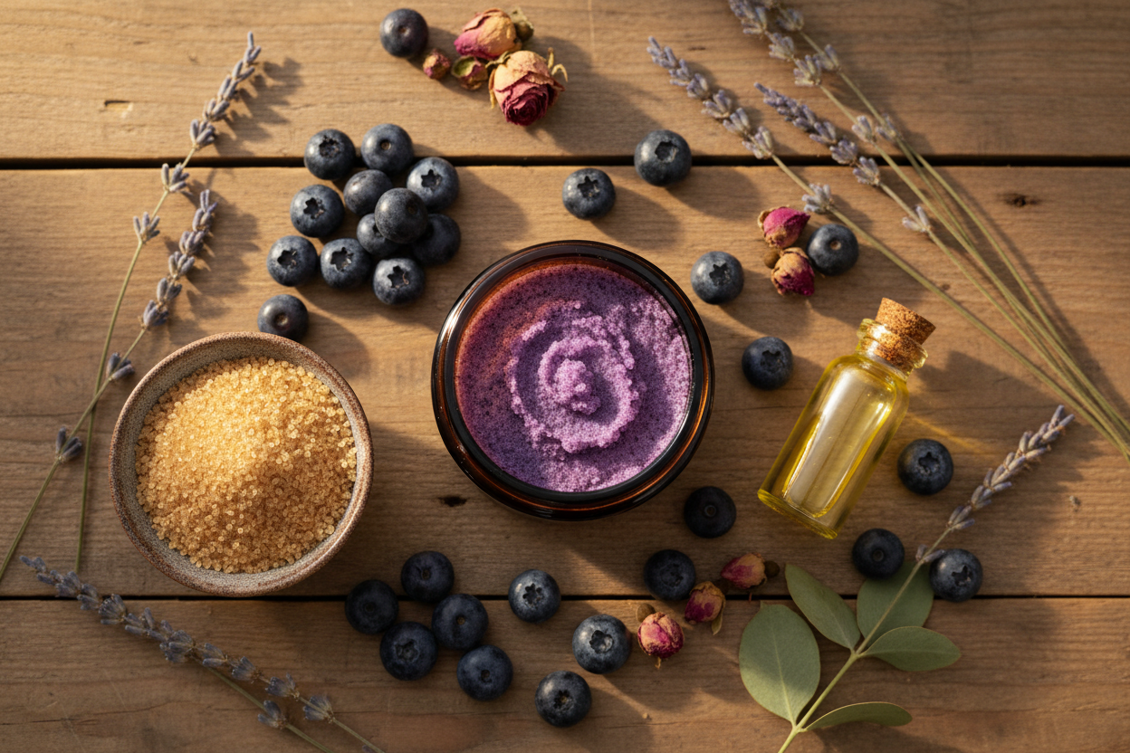 Blueberry Scrub — Wood Flat Lay