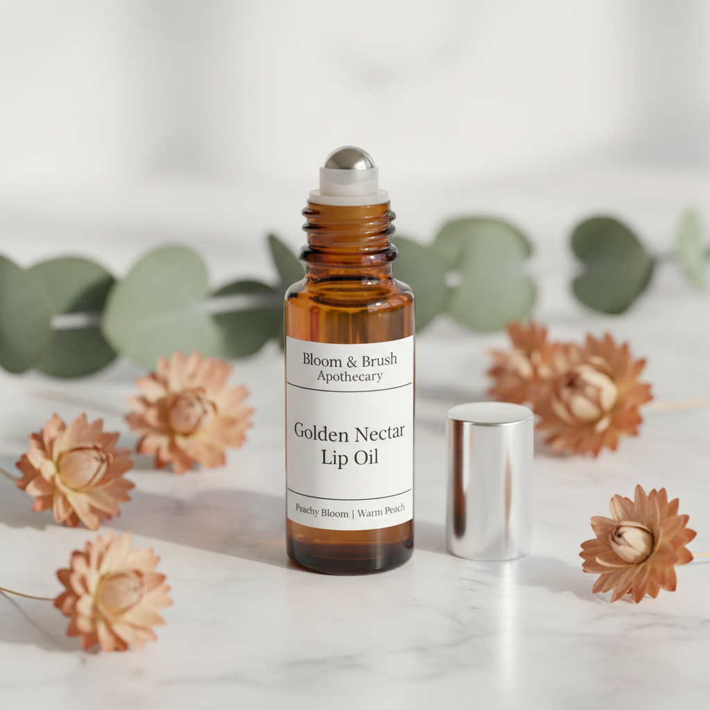 Peachy Bloom Warm Peach - Bloom & Brush Apothecary Golden Nectar Lip Oil amber roller ball bottle with peach botanicals