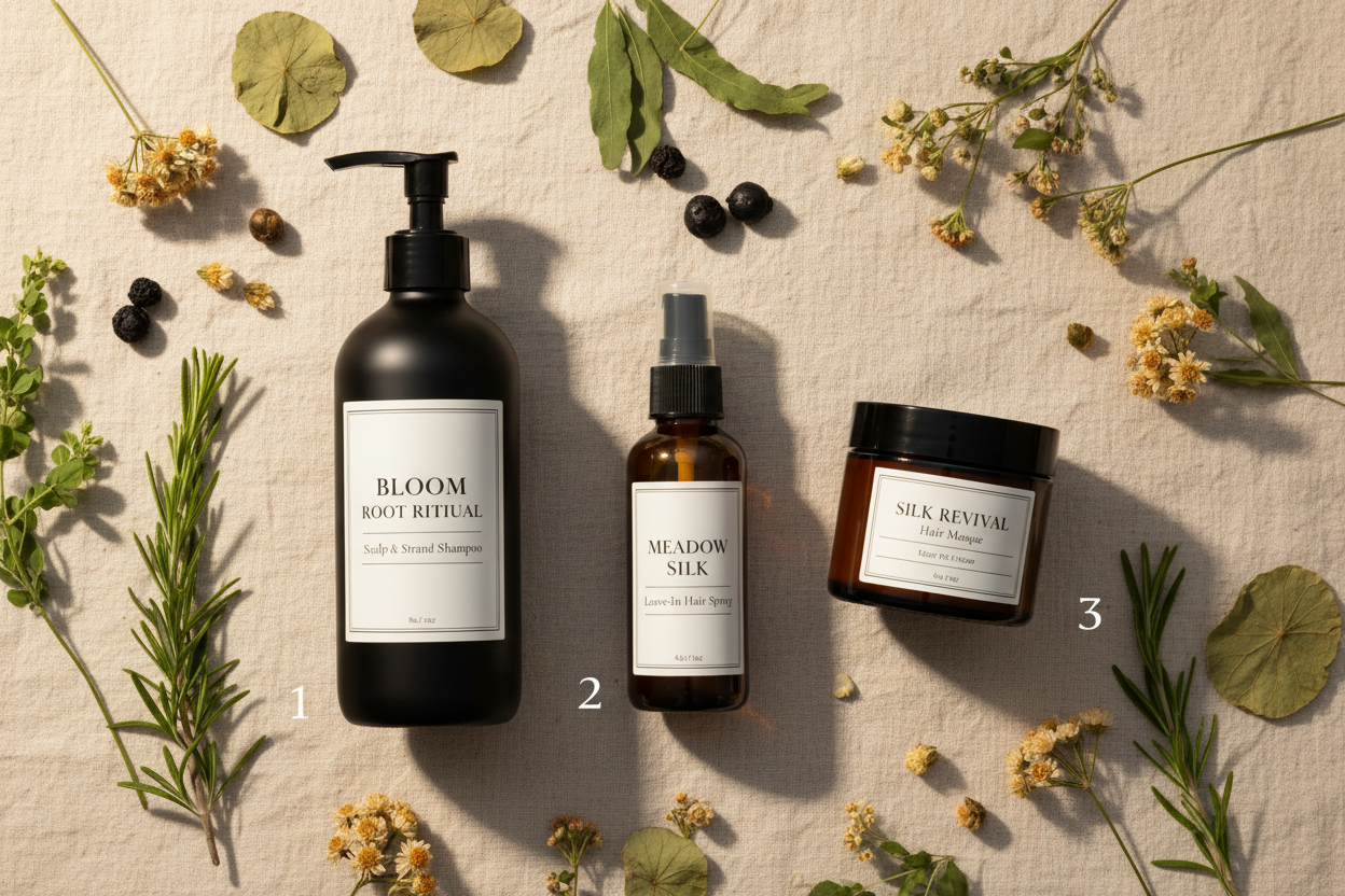 Bloom Root Ritual 3-step hair system bundle — shampoo, leave-in spray and hair masque arranged together with botanicals