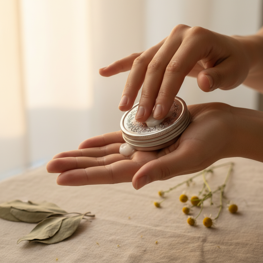 Hands applying Bloom Mama Nursing Balm