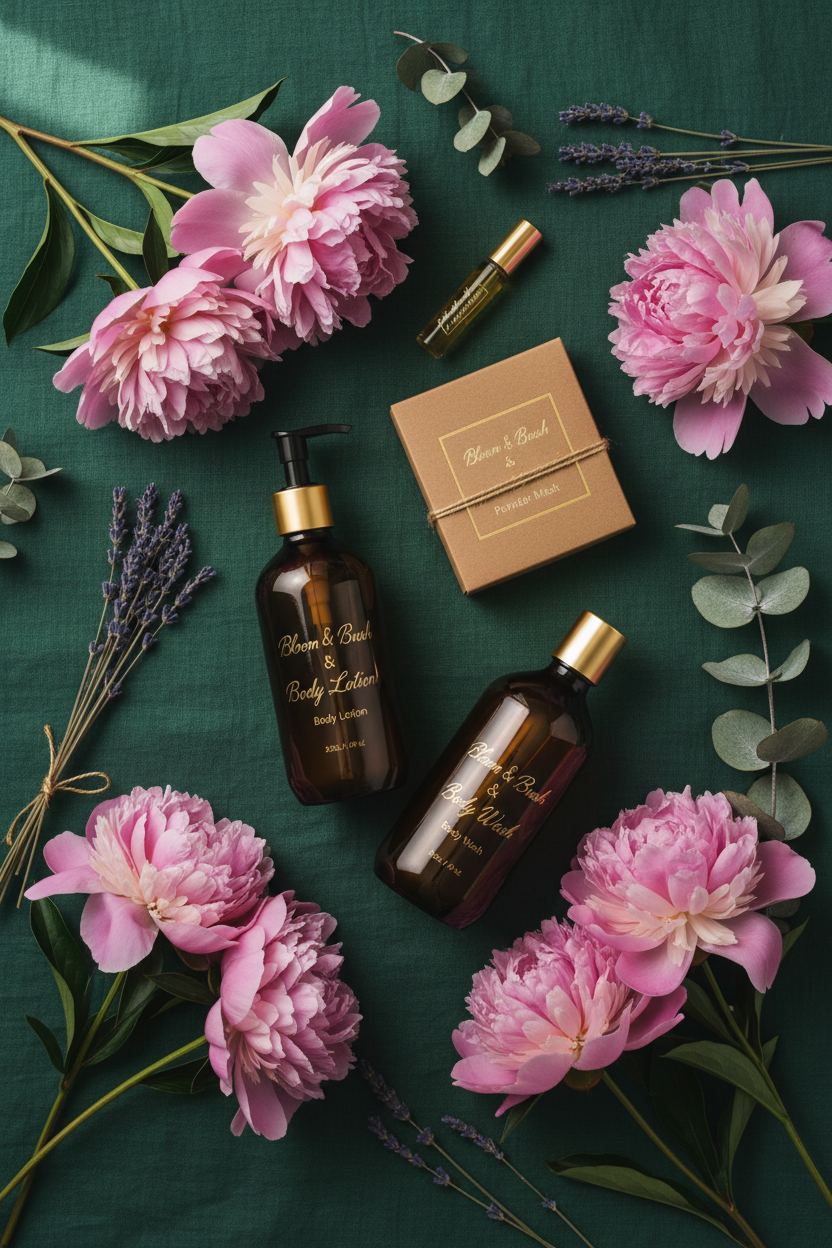 Bloom Mama Mother's Day Bundle flat lay with peonies and botanicals
