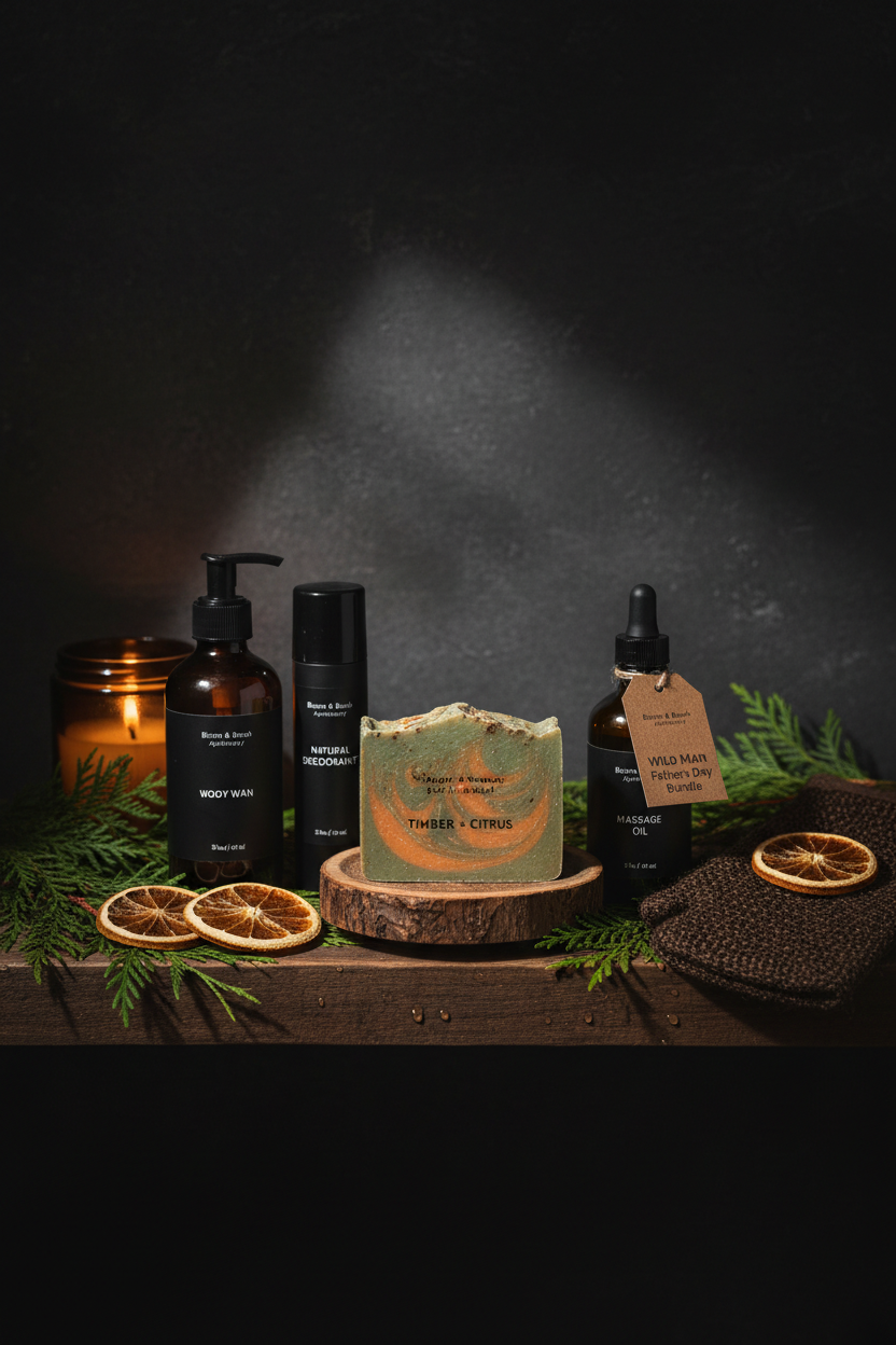 Wild Man bundle styled on dark wood bathroom shelf with cedar and candle