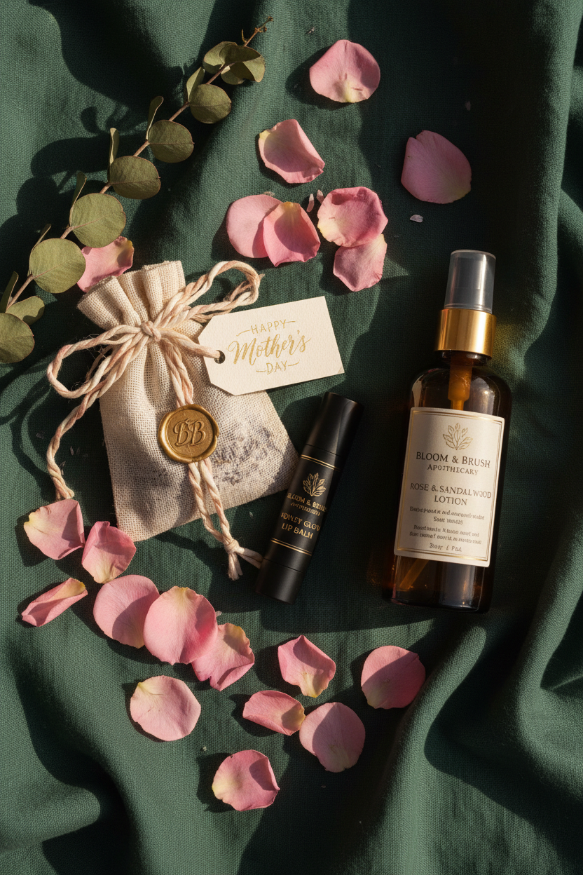 Bloom Mama Mini Mother's Day bundle flat lay with rose petals and botanicals