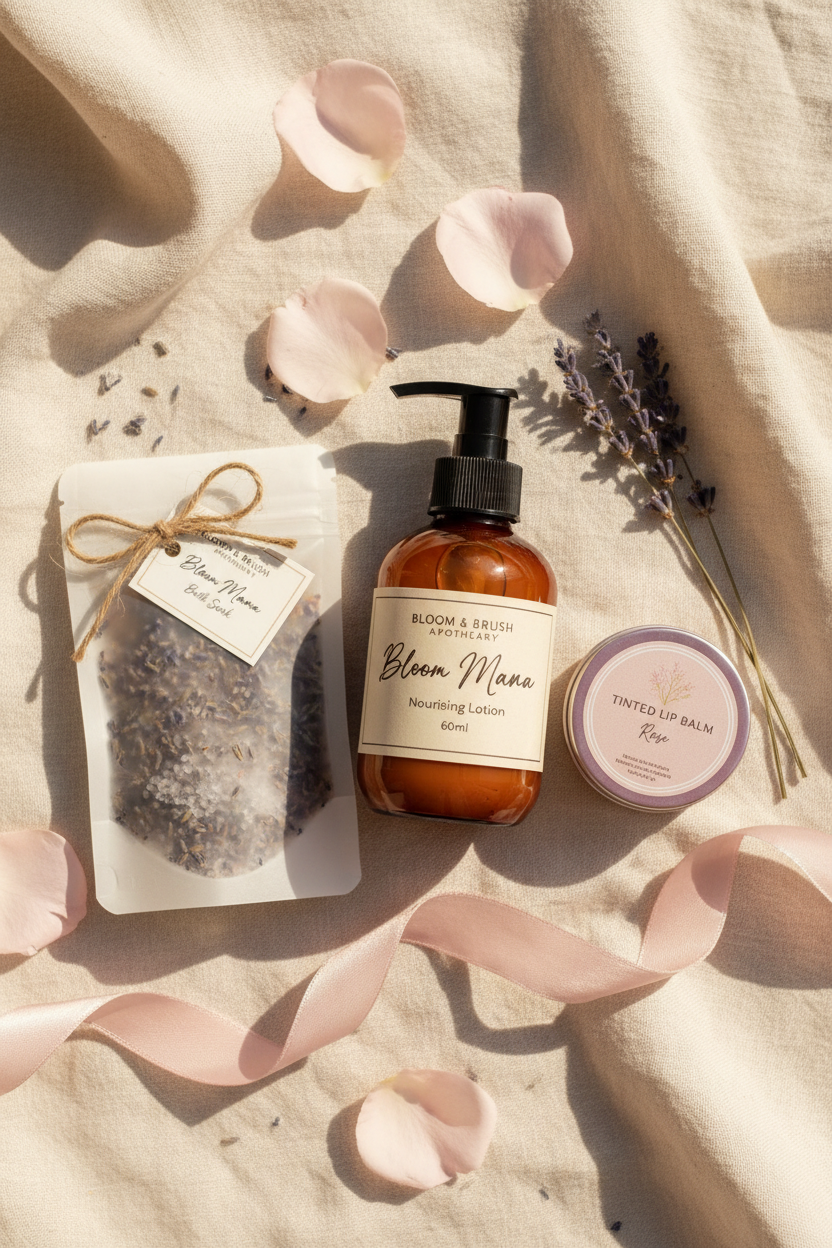 Bloom Mama Mini flat lay with rose petals and botanicals