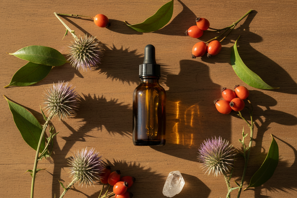 Bloom Bright Serum — wood surface flat lay