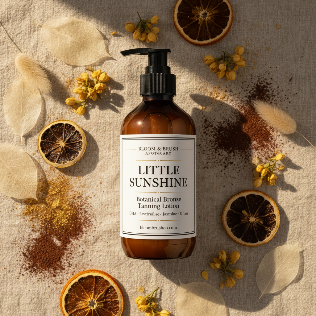 Little Sunshine Botanical Bronze Tanning Lotion 8oz amber PET pump bottle with jasmine flowers and gold micas on cream linen