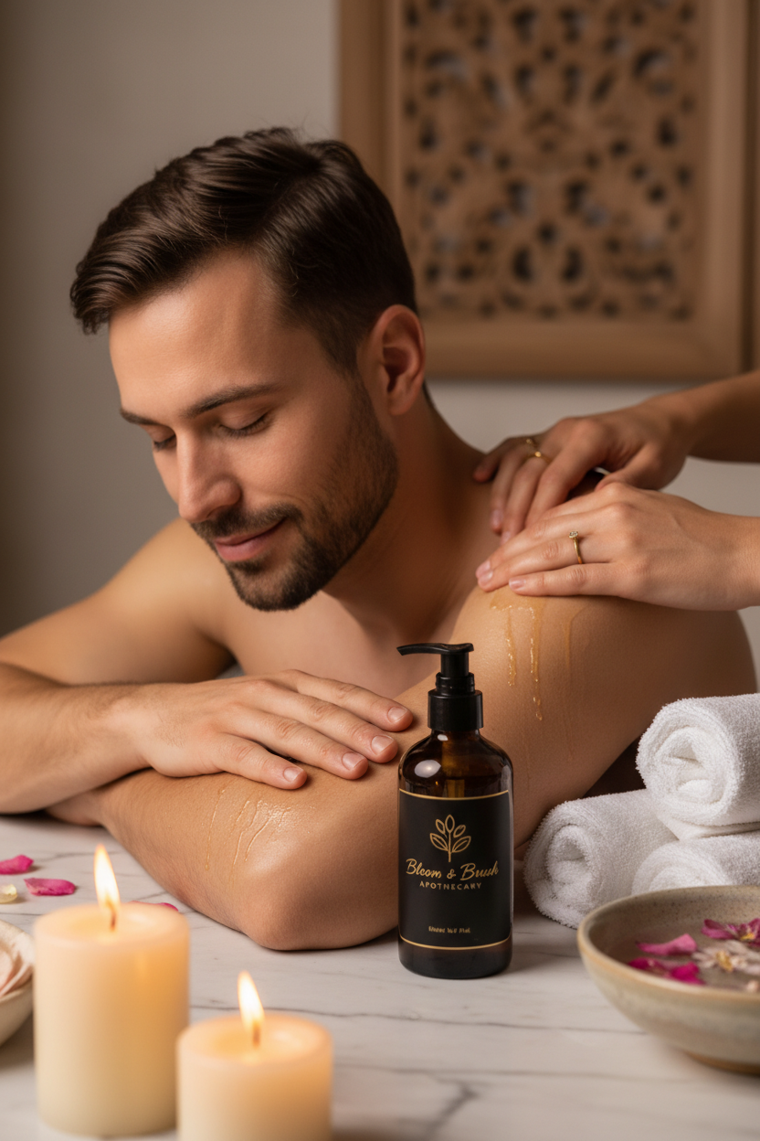 Couples massage ritual using Melt Away Botanical Massage Oil with dark amber pump bottle