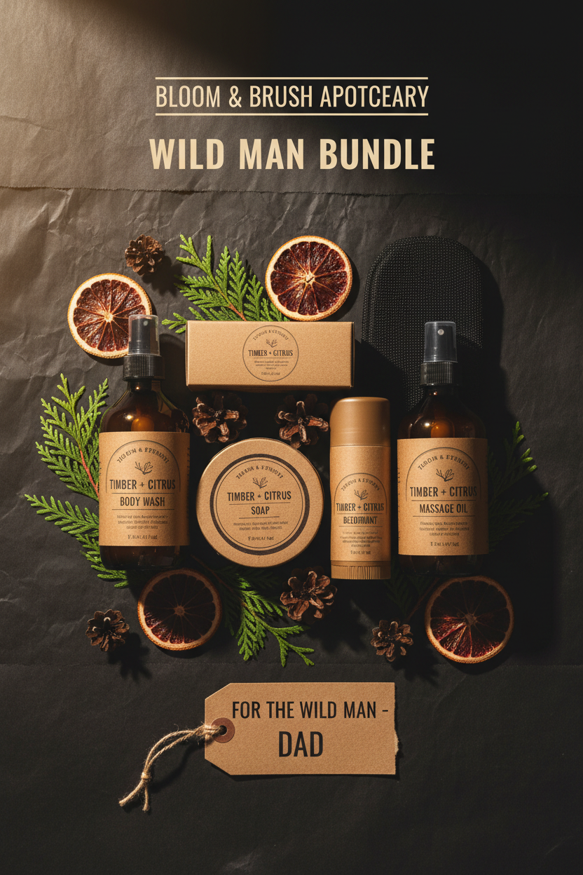 Wild Man Father's Day bundle unboxing flat lay on kraft paper with cedar and pine cones