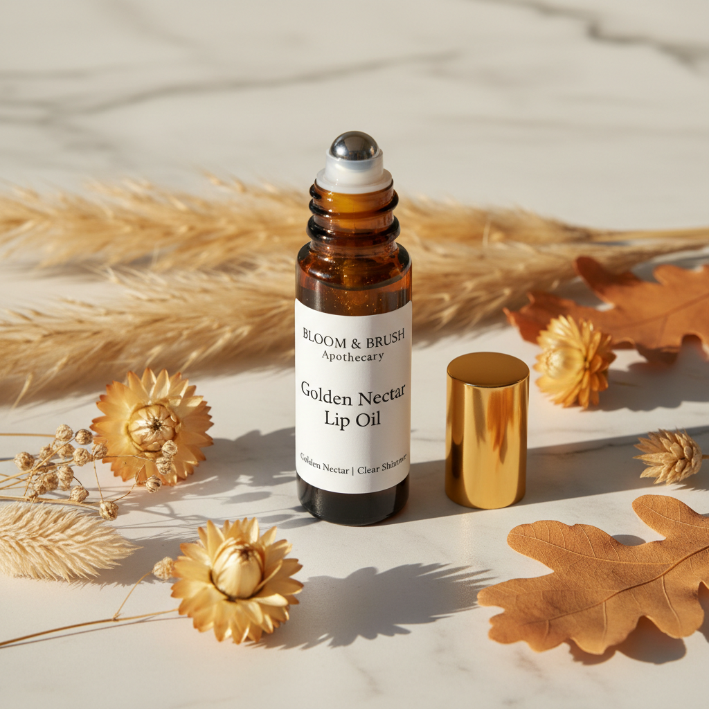 Golden Nectar Clear Shimmer - Bloom & Brush Apothecary Golden Nectar Lip Oil amber roller ball bottle with gold botanicals