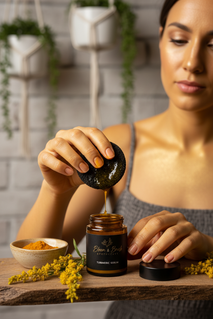 Woman with radiant glowing skin holding black turmeric soak pad from Bloom Ritual
