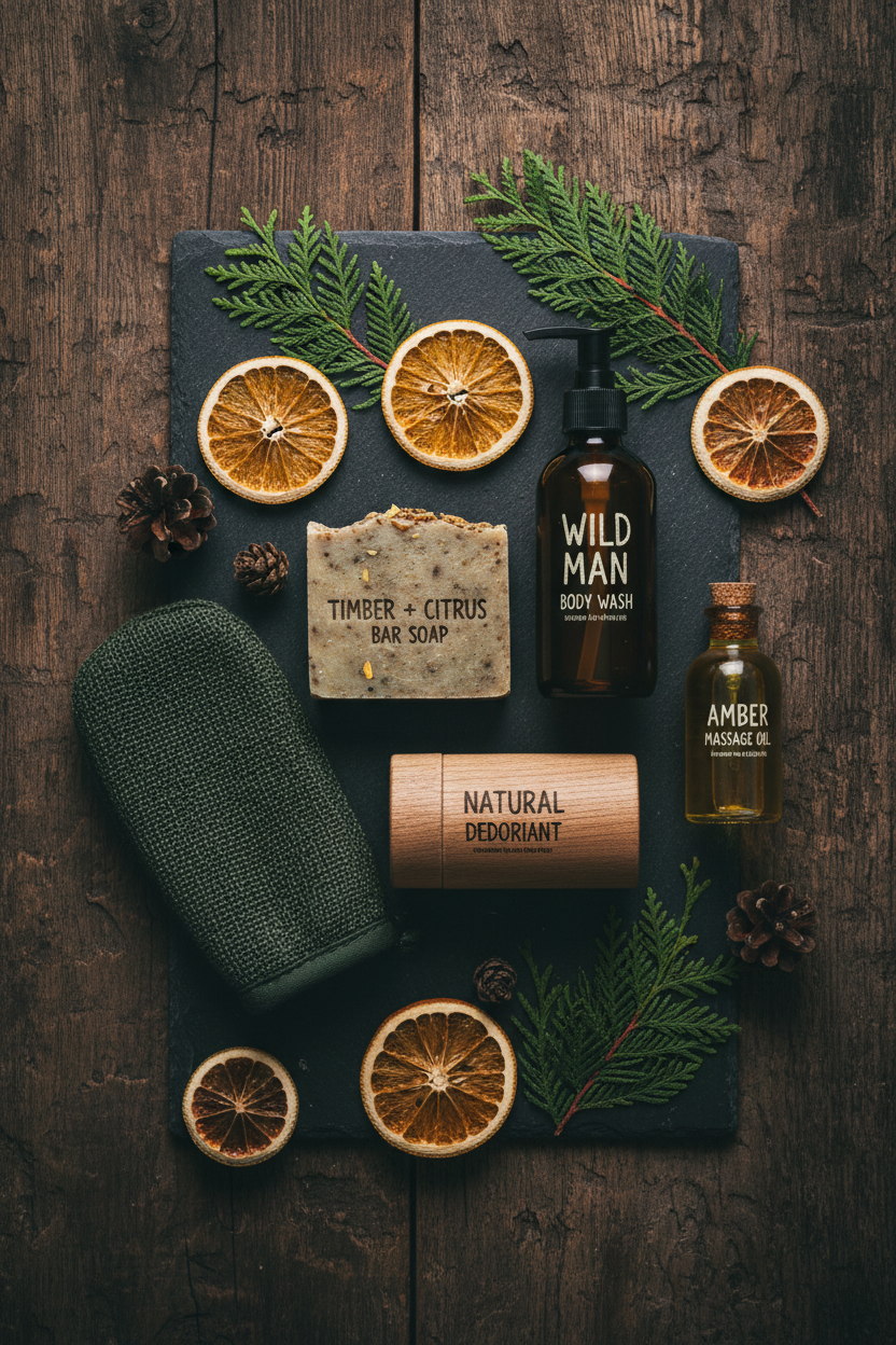 Wild Man Father's Day bundle flat lay hero on dark slate with cedar and citrus