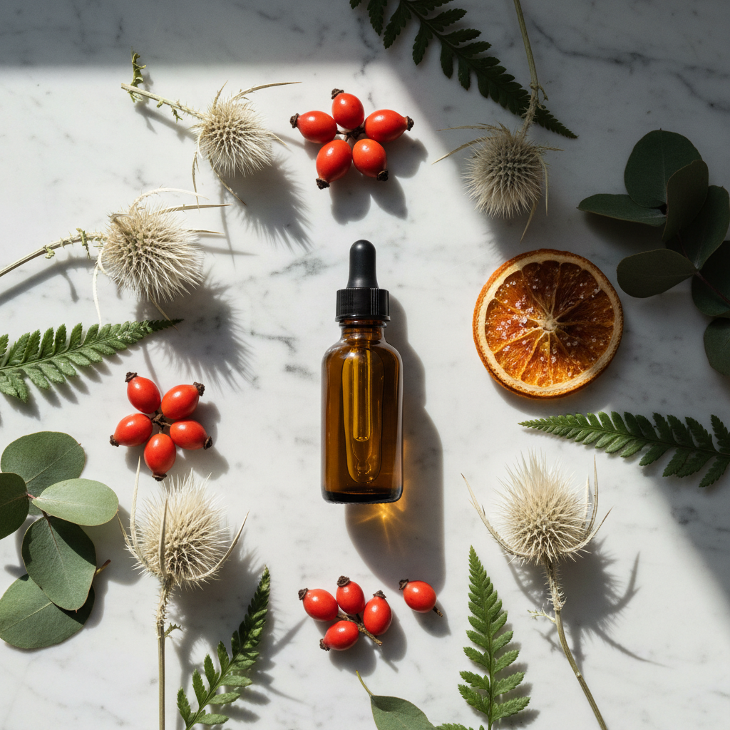 Bloom Bright Serum — marble flat lay with botanicals