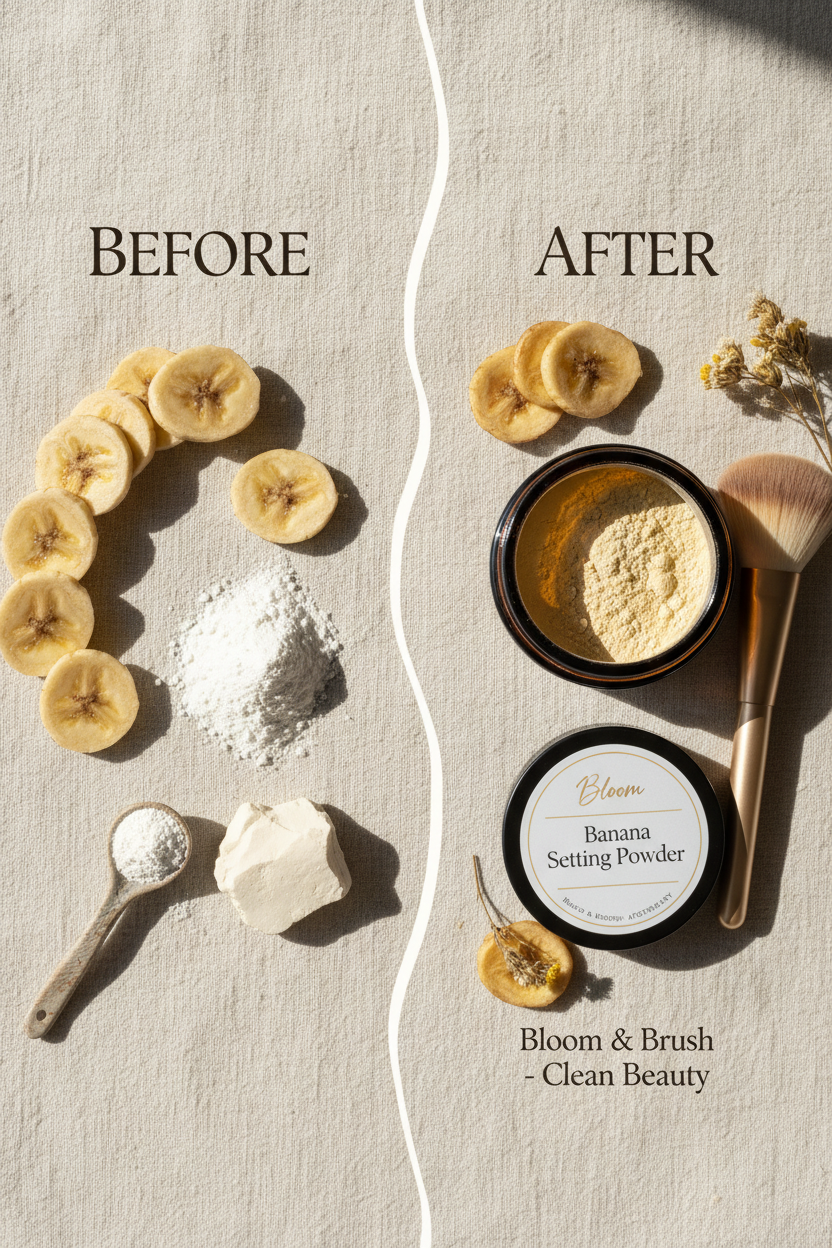 Bloom Banana Setting Powder ingredient story flat lay with banana slices, arrowroot and kaolin clay
