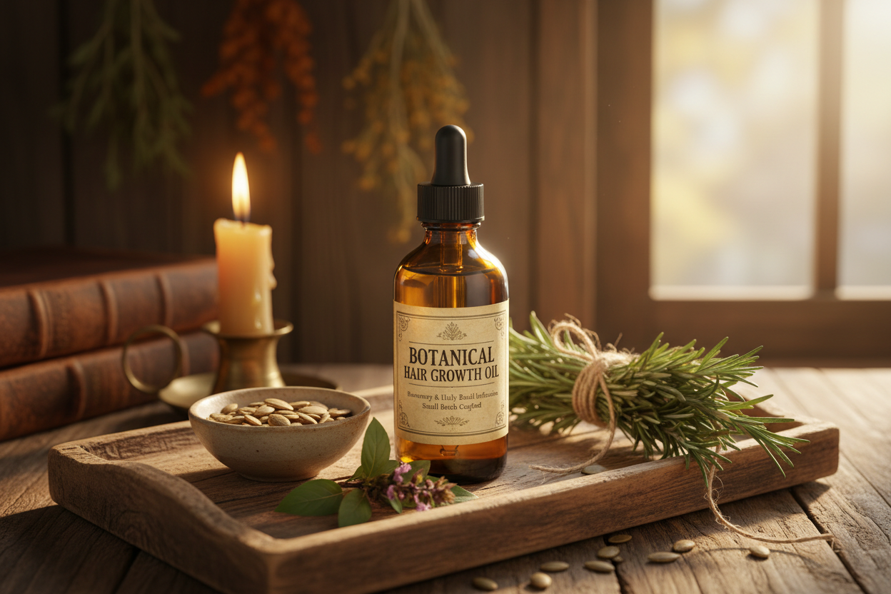 Sacred Roots DHT Defense Growth Oil apothecary tray with botanicals