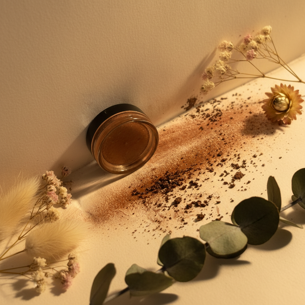 Golden Twilight copper-bronze duochrome eyeshadow with gold shimmer on boho botanical background