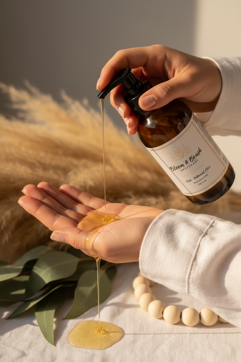 Woman pumping golden Melt Away Botanical Massage Oil from dark amber pump bottle