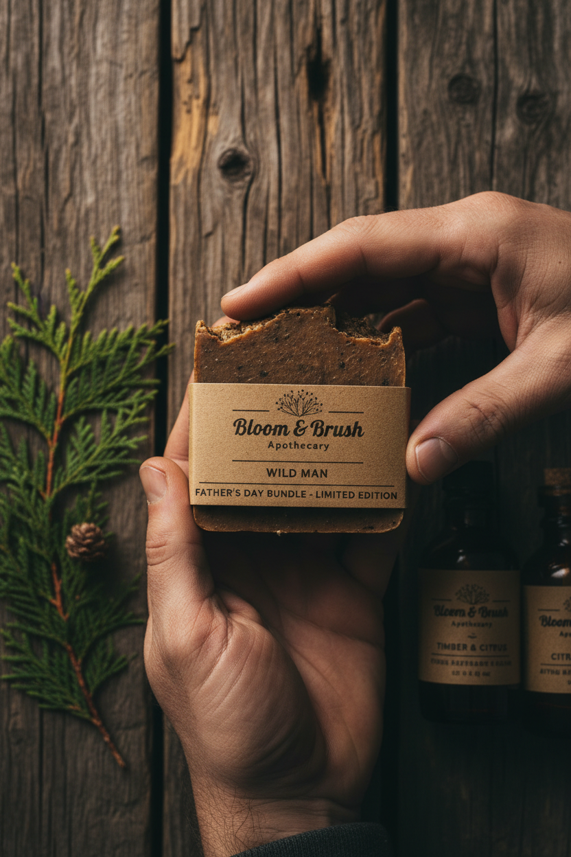 Man's hands holding Timber + Citrus bar soap from Wild Man bundle