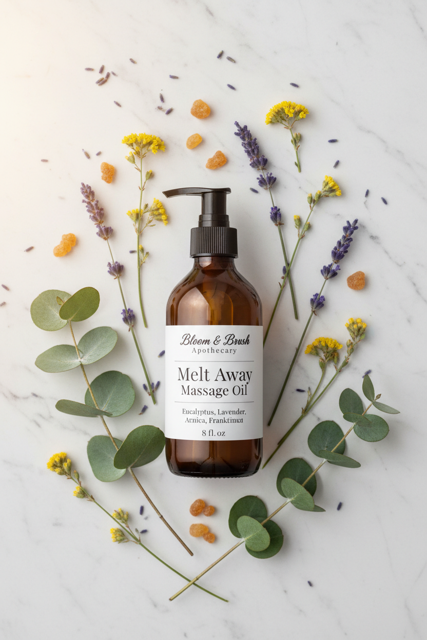 Melt Away Botanical Massage Oil ingredient story with eucalyptus, lavender, arnica and frankincense