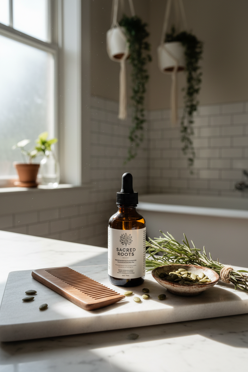 Sacred Roots DHT Defense Growth Oil in boho bathroom setting