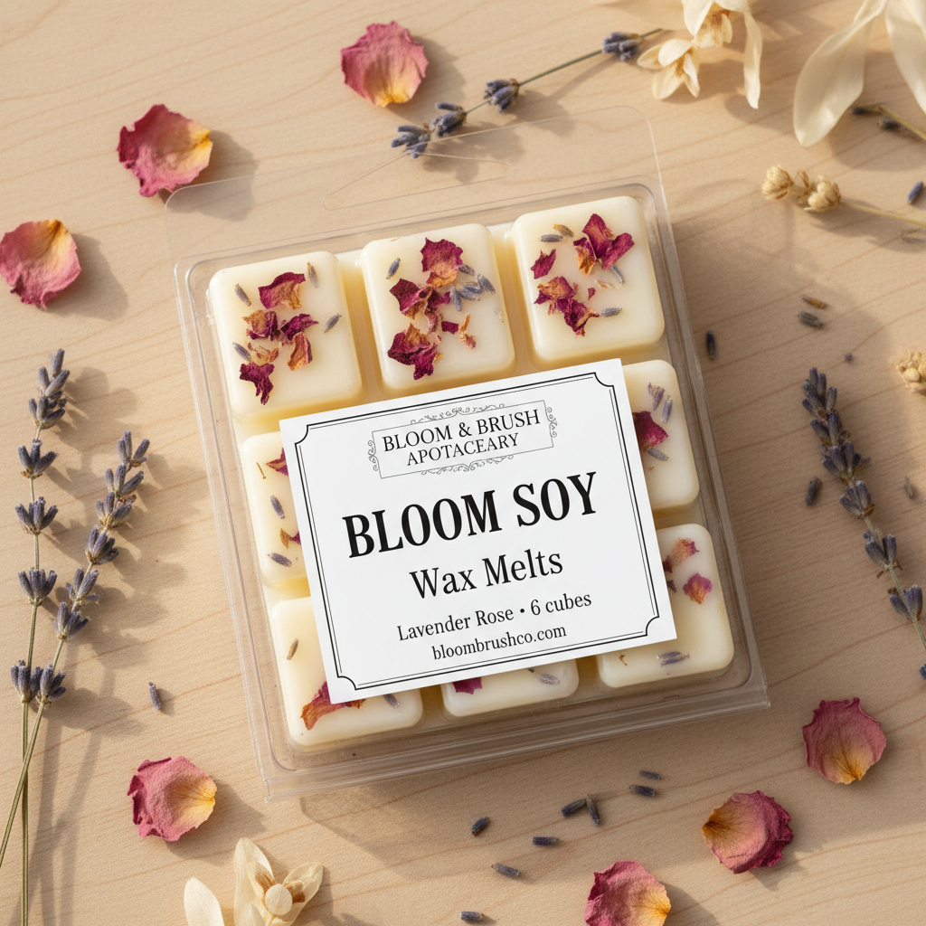 Bloom Soy Wax Melts 6-cube clamshell with botanical flower toppers, white apothecary label, surrounded by dried rose petals and lavender