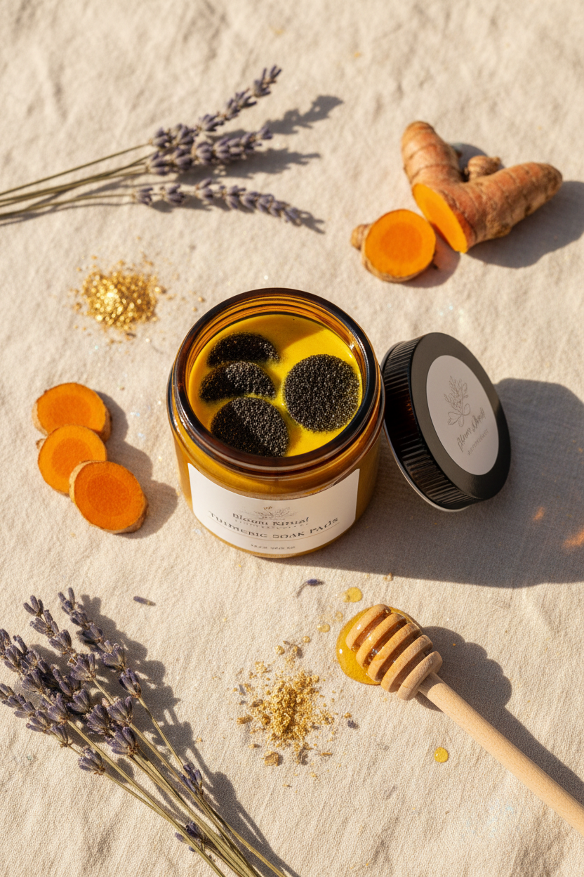 Bloom Ritual Turmeric Soak Pads flat lay hero with black rounds, turmeric root and lavender