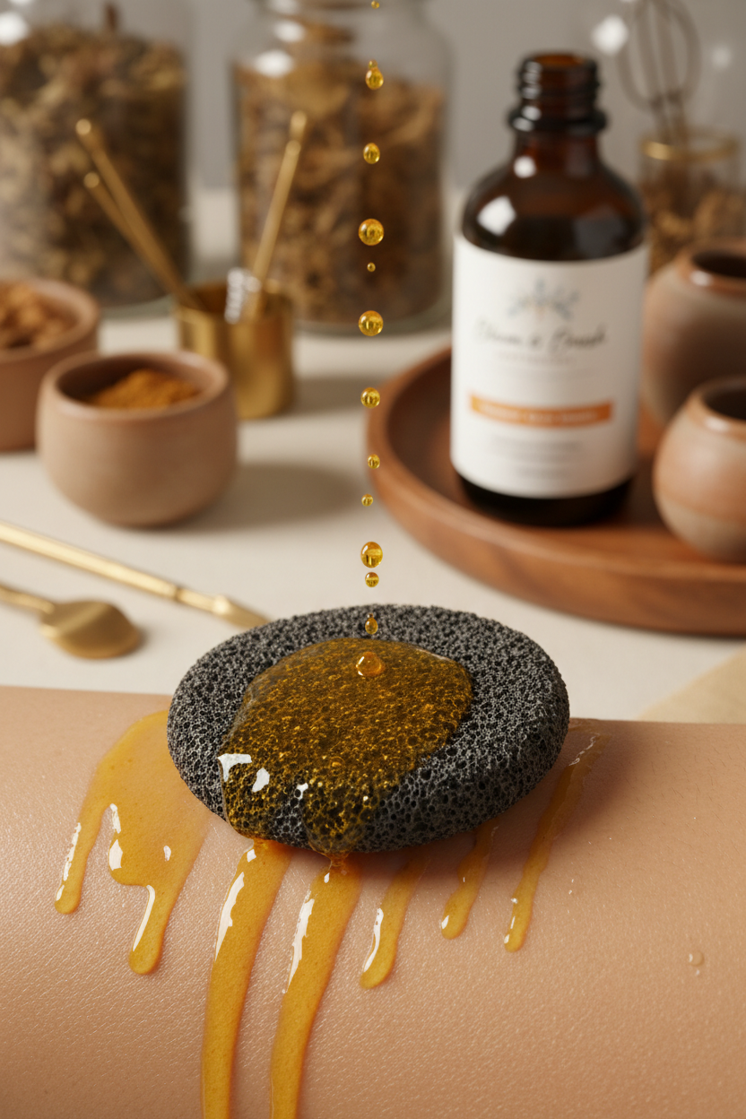Black reusable sponge pad releasing golden turmeric serum onto glowing skin