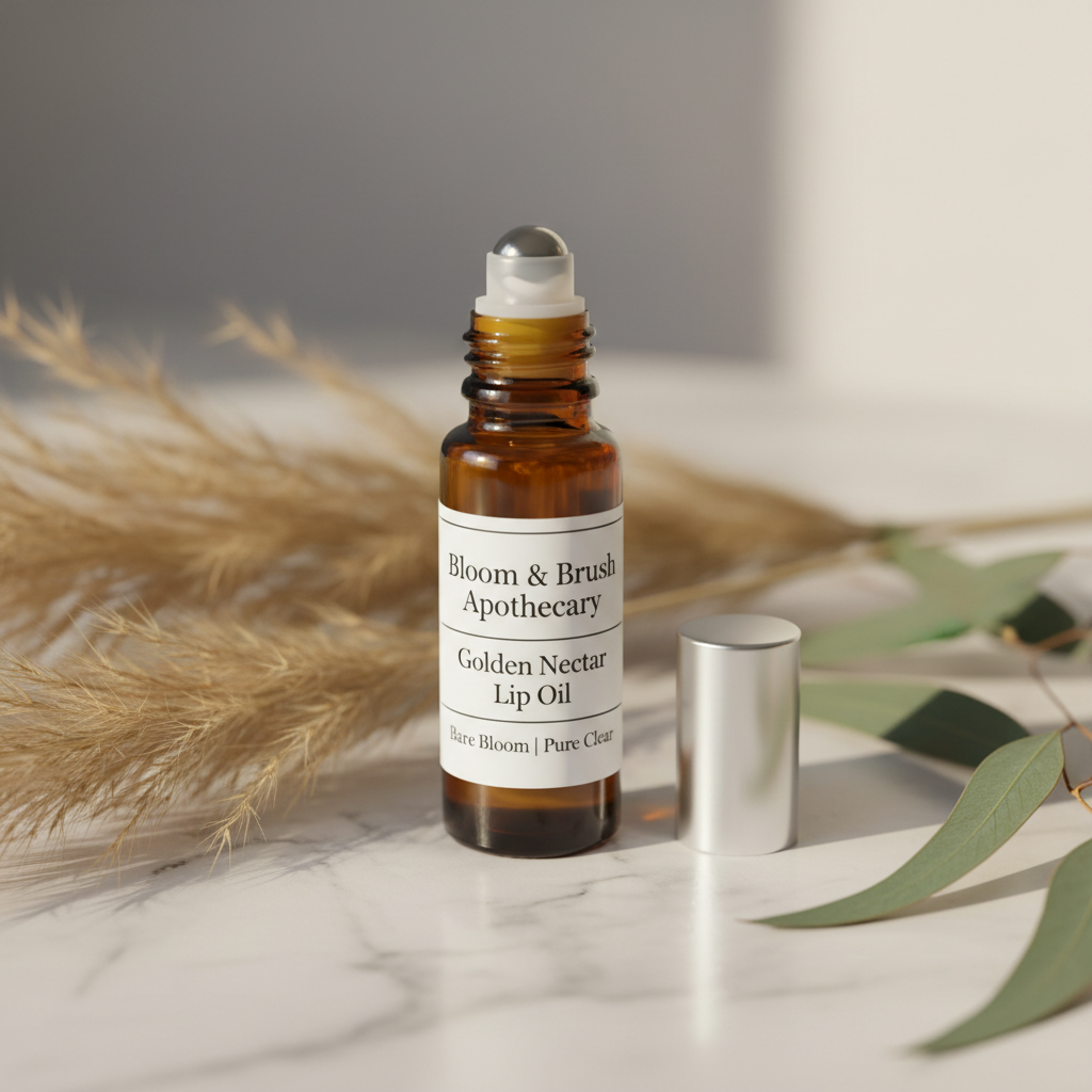 Bare Bloom Pure Clear - Bloom & Brush Apothecary Golden Nectar Lip Oil amber roller ball bottle on white marble