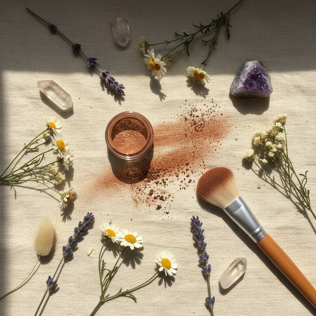 Golden Twilight eyeshadow flat lay cream linen crystals makeup brush