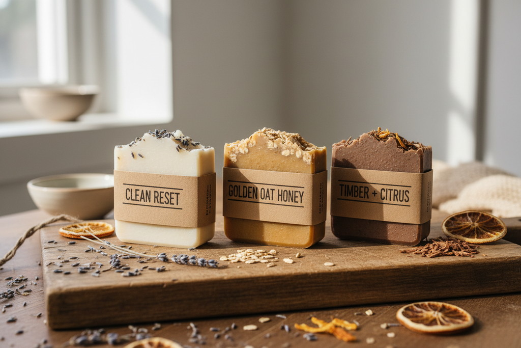 All three Bloom & Brush soap bars side by side