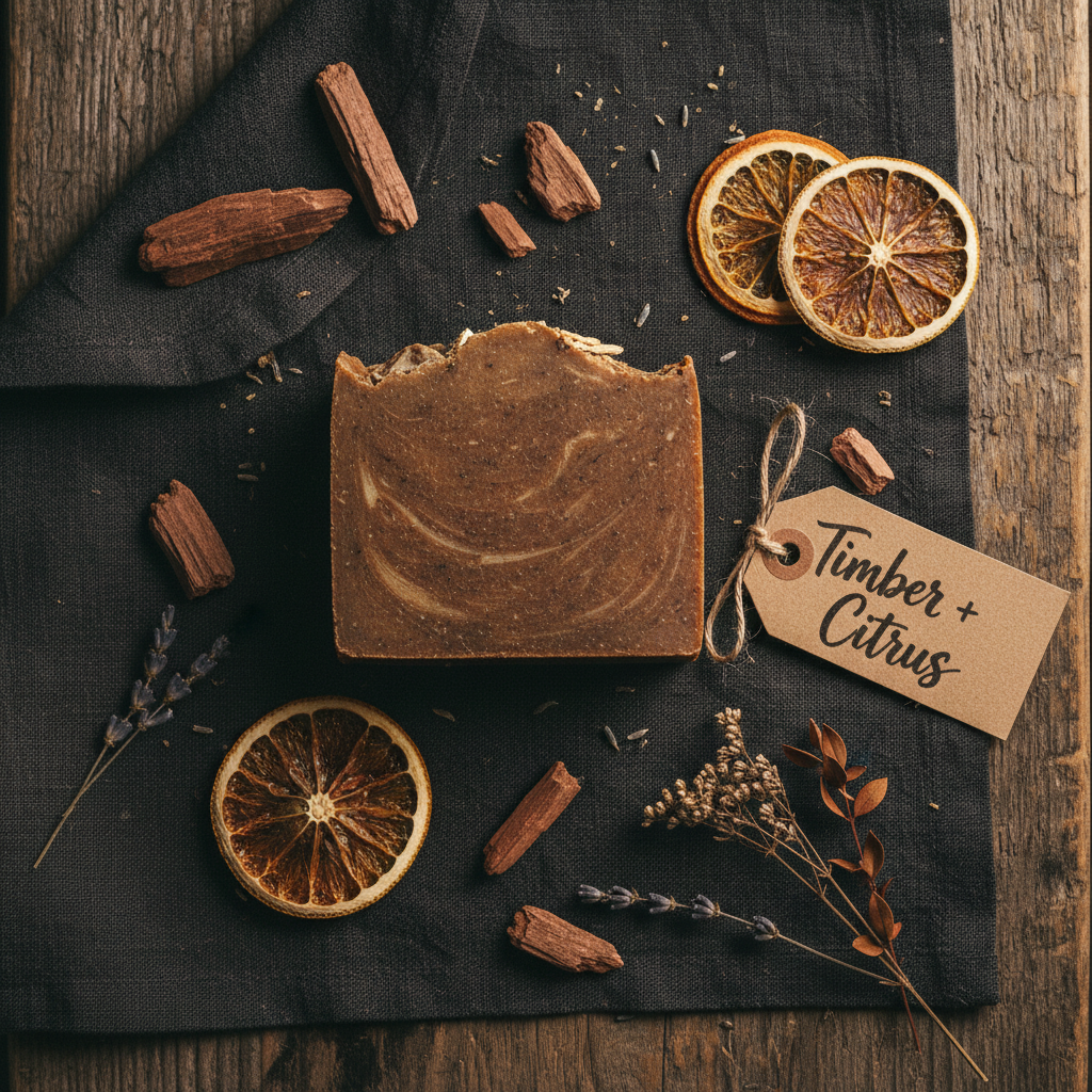 Timber + Citrus Bar Soap flat lay with cedarwood and dried orange