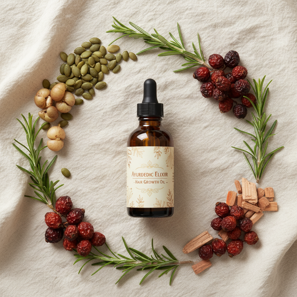Sacred Roots DHT Defense Growth Oil flat lay with botanicals on linen