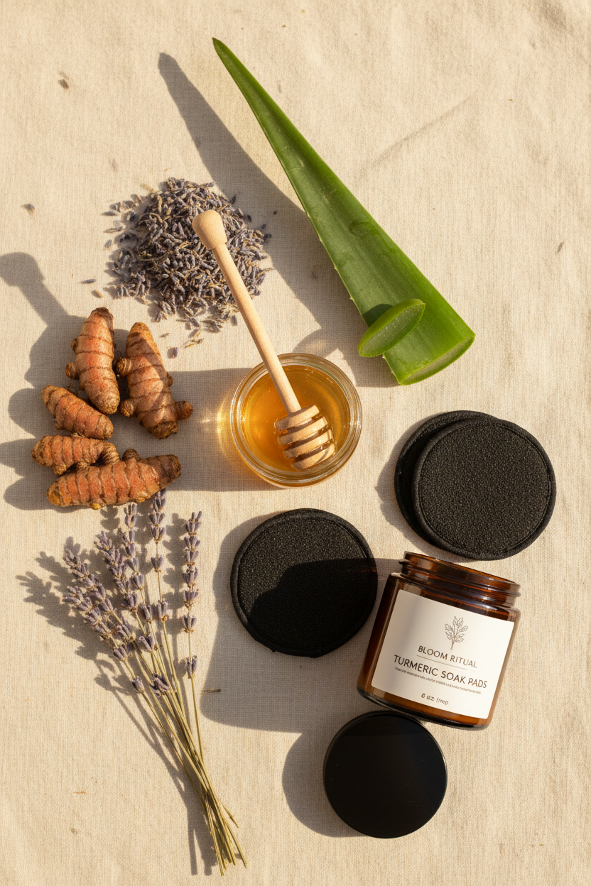 Bloom Ritual Turmeric Soak Pads ingredient story with turmeric, lavender, honey and aloe