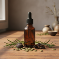 Sacred Roots DHT Defense Growth Oil with pumpkin seeds and rosemary on wooden surface