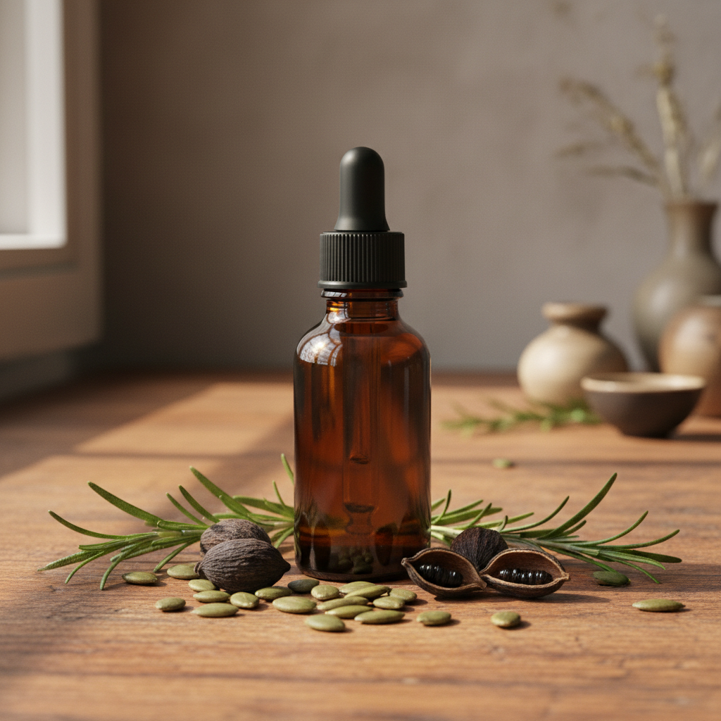 Sacred Roots DHT Defense Growth Oil with pumpkin seeds and rosemary on wooden surface