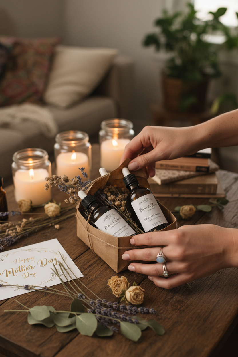 Hands unwrapping Bloom Mama Mother's Day bundle by candlelight