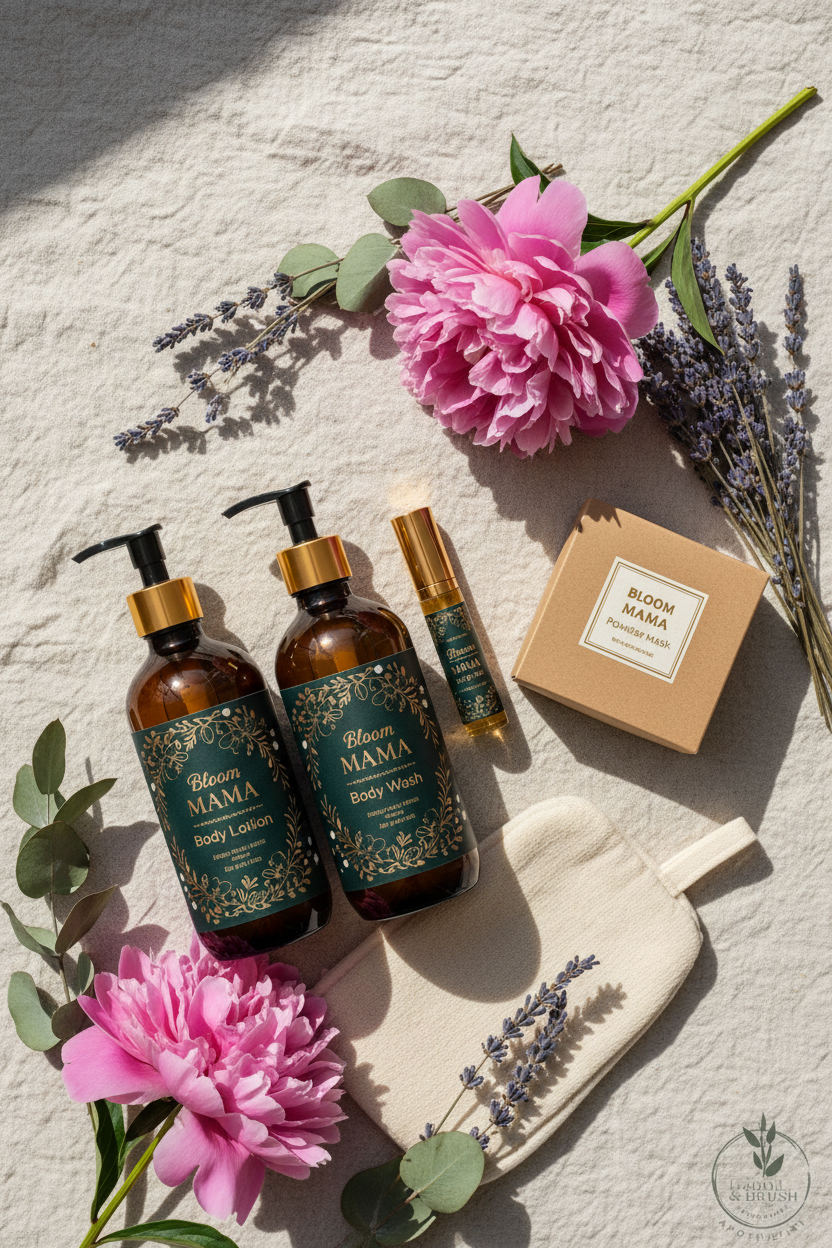 Bloom Mama premium bundle flat lay hero with amber bottles and exfoliating mitt on linen