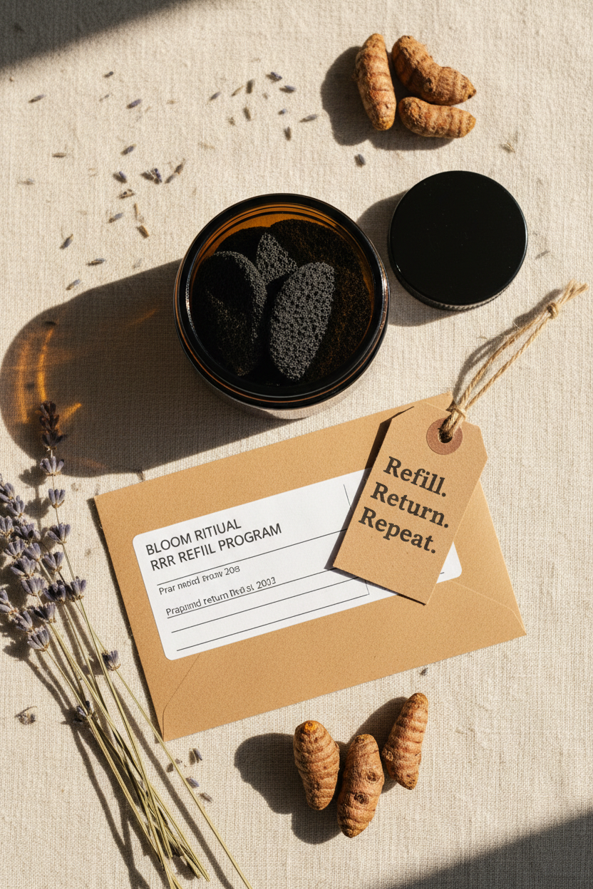 Bloom Ritual RRR Refill Program flat lay with prepaid return label and turmeric soak pads