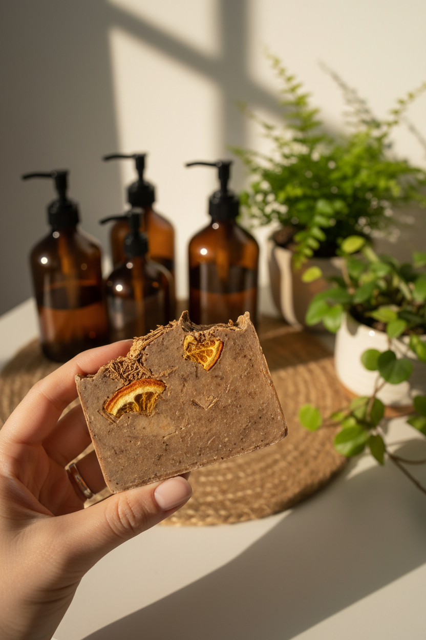 Hand holding Timber + Citrus soap bar