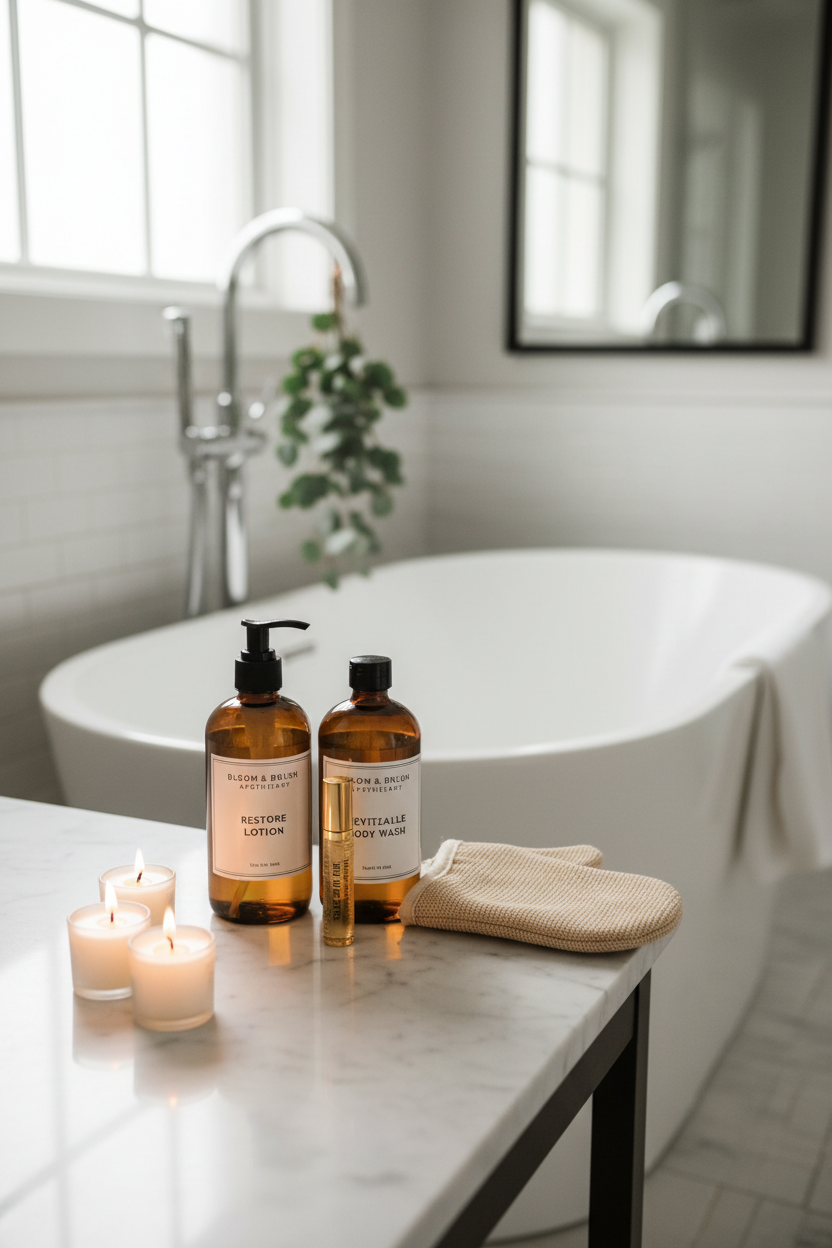 Bloom Mama bundle styled on marble bathroom counter with eucalyptus and candles