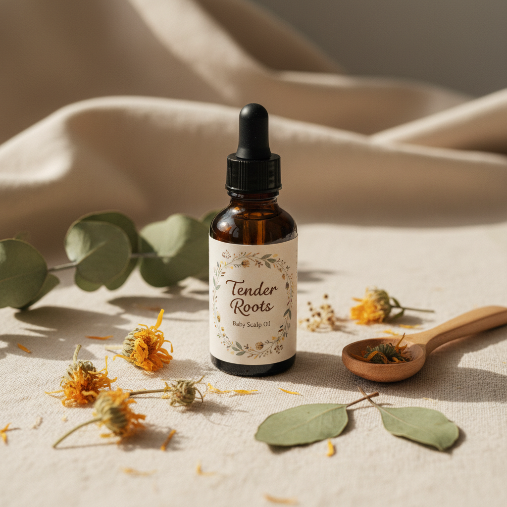 Tender Roots Baby Scalp Oil dark amber dropper bottle with calendula flowers