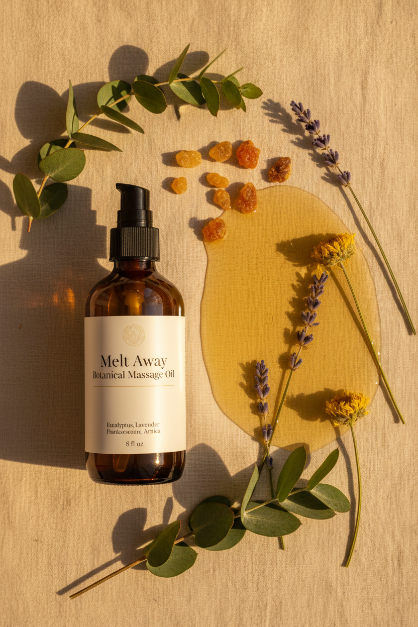 Melt Away Botanical Massage Oil flat lay with dark amber pump bottle, eucalyptus, lavender and arnica flowers