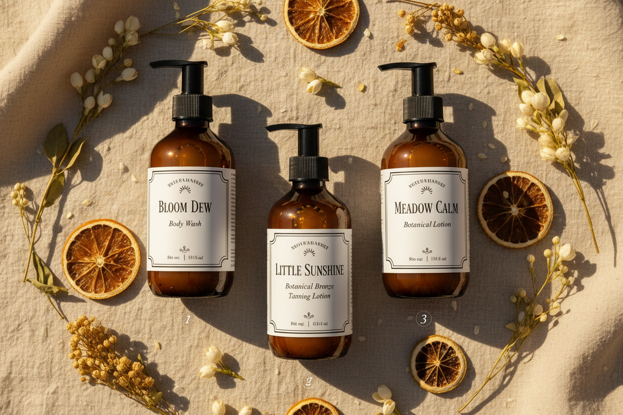 Little Sunshine 3-step self-tanning ritual bundle — Bloom Dew Body Wash, Little Sunshine Tanning Lotion, and Meadow Calm Lotion arranged with golden botanicals