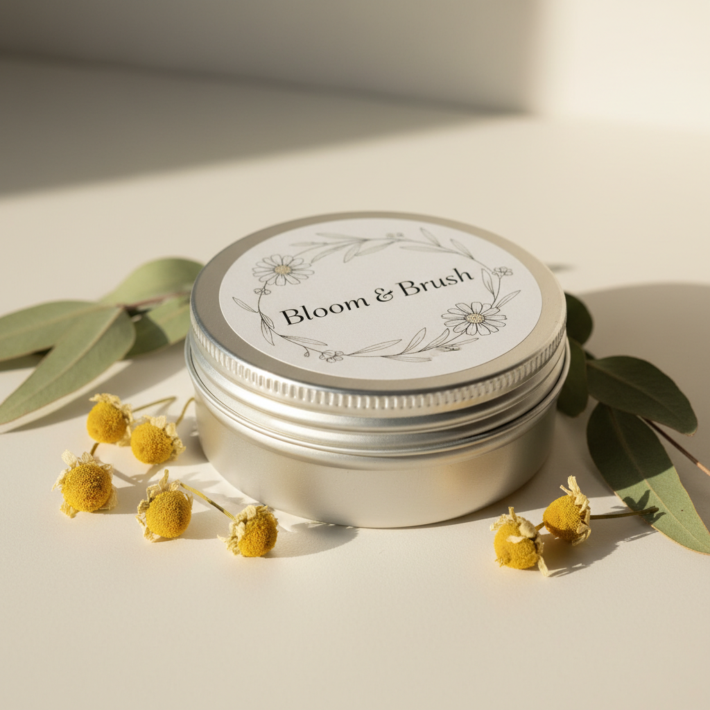 Bloom Mama Nursing Balm in silver screw-top tin with botanical styling