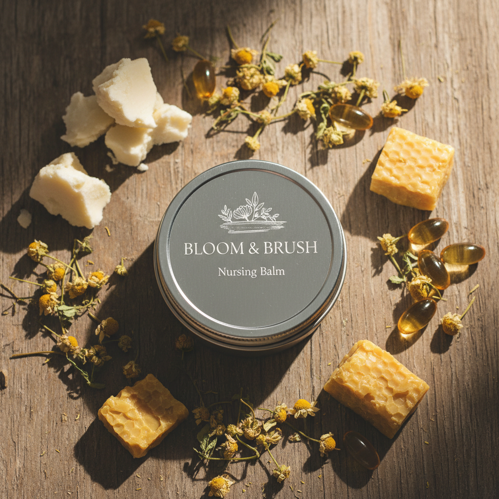 Bloom Mama Nursing Balm ingredients flat lay