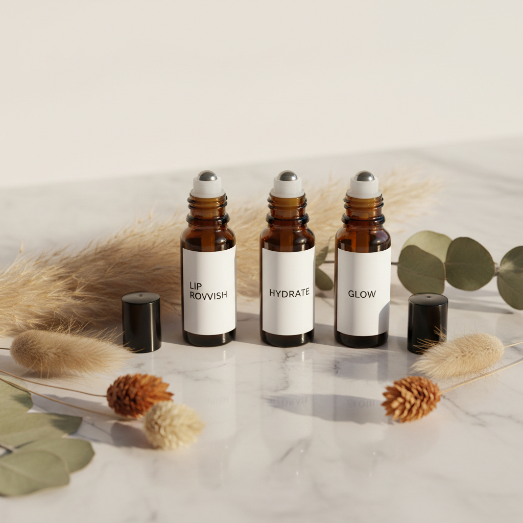 Golden Nectar Lip Oil Collection - all 4 shades: Bare Bloom Pure Clear, Petal Kiss Sheer Pink, Peachy Bloom Warm Peach, Golden Nectar Clear Shimmer - amber glass roller ball bottles with lids off on white marble with botanicals
