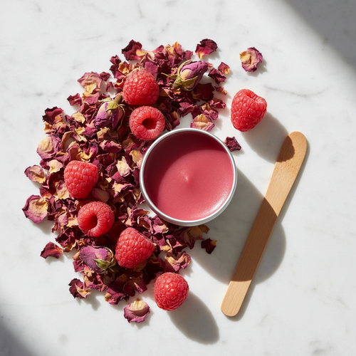 Raspberry Lip Balm — Marble Flat Lay