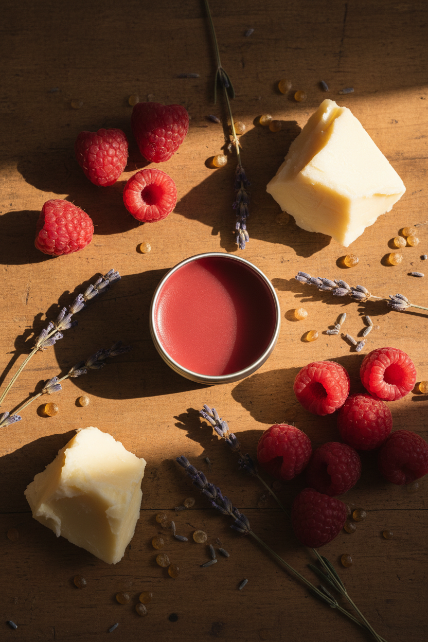 Raspberry Lip Balm — Wood Flat Lay