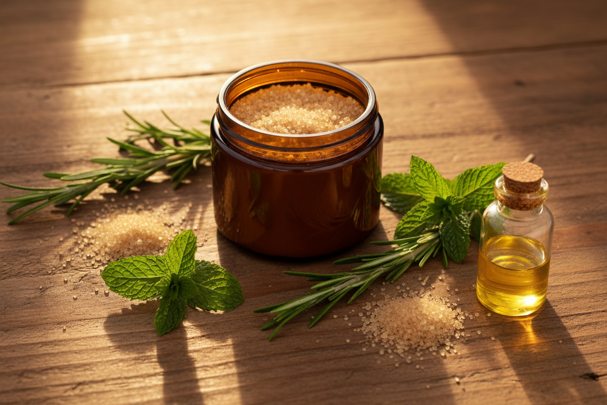Scalp Scrub — Wood Flat Lay